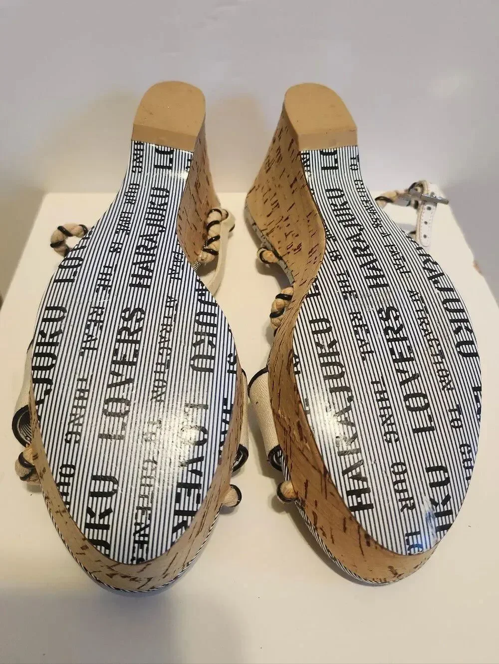 NEW Rare Y2K Harajuku Lovers Rope Strap Cork Platform Sandals Heels Sz. 7.5